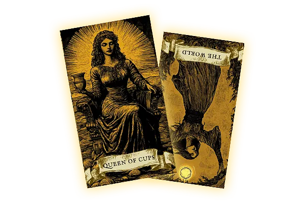 Today, the card “Queen of Cups” and the reversed card “World” fell out for you