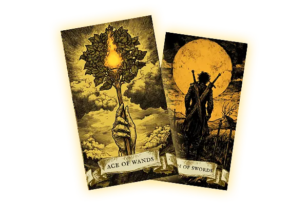 The Ace of Wands and the Seven of Swords cards